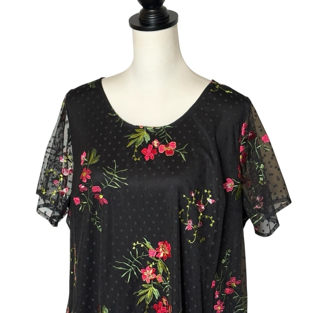 Catherines Embroidered Floral Sheer Layered Shift Dress 14/16W Black Romantic - Picture 4 of 11